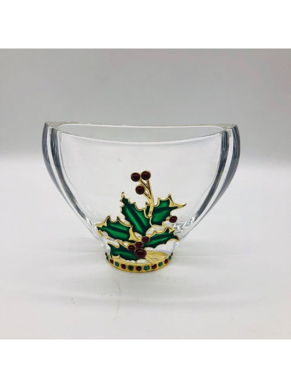 Teleflora Lead Crystal Bowl Fine Bohemian Czech Republic Holly Berry Enameled